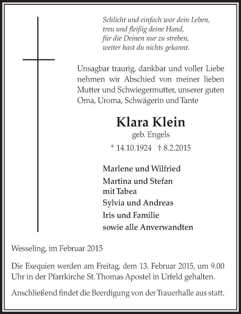  Traueranzeige für Klara Klein vom 11.02.2015 aus  Schlossbote/Werbekurier 