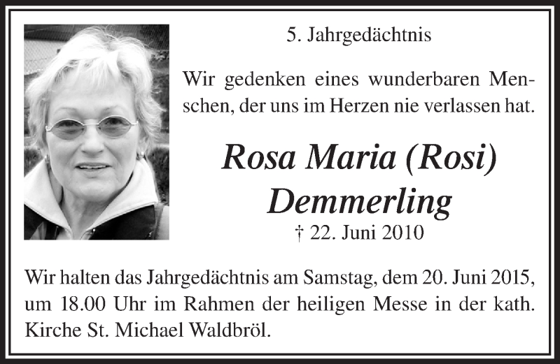 Traueranzeige für Rosa Maria Demmerling vom 17.06.2015 aus  Lokalanzeiger 