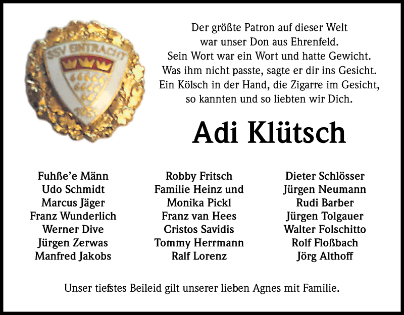  Traueranzeige für Adi Klütsch vom 22.08.2015 aus Kölner Stadt-Anzeiger / Kölnische Rundschau / Express
