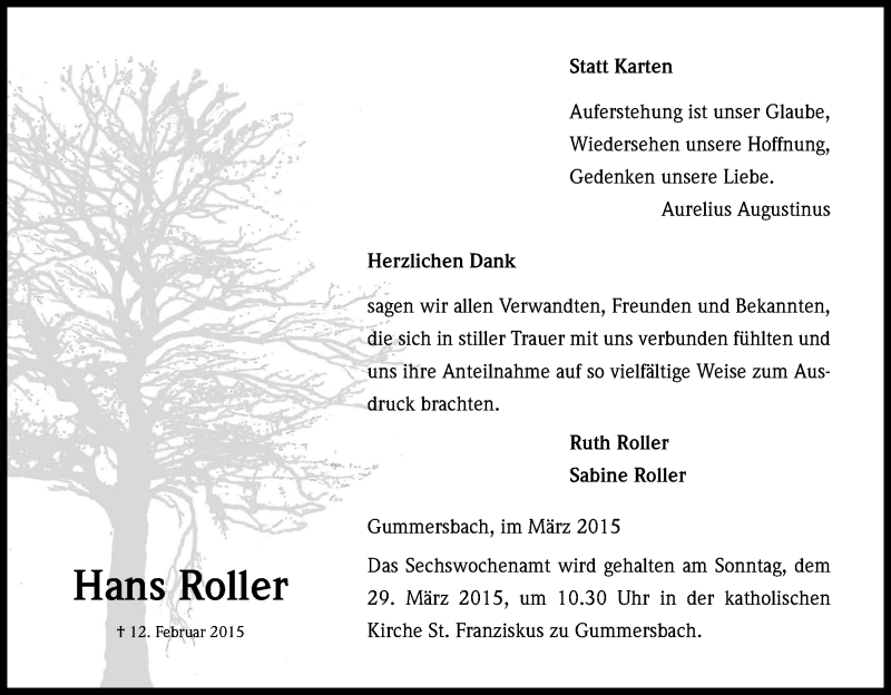  Traueranzeige für Hans Roller vom 21.03.2015 aus Kölner Stadt-Anzeiger / Kölnische Rundschau / Express
