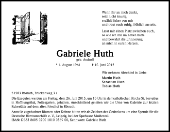 Anzeige von Gabriele Huth von Kölner Stadt-Anzeiger / Kölnische Rundschau / Express