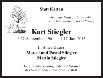Anzeige von Kurt Stiegler von  Wochenende 