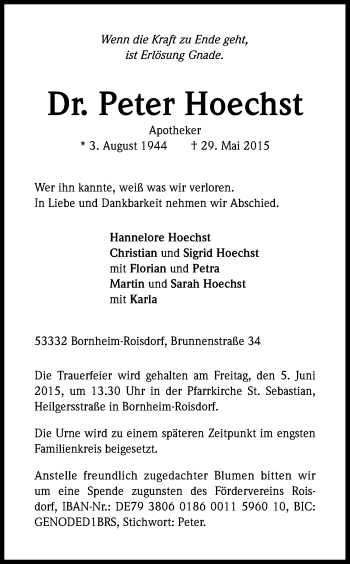 Anzeige von Peter Hoechst von Kölner Stadt-Anzeiger / Kölnische Rundschau / Express