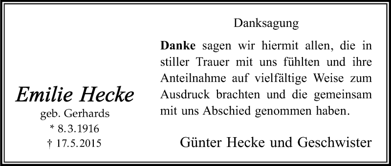  Traueranzeige für Emilie Hecke vom 11.07.2015 aus Kölner Stadt-Anzeiger / Kölnische Rundschau / Express