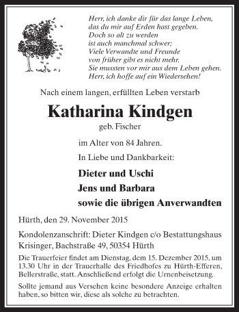 Anzeige von Katharina Kindgen von  Wochenende 