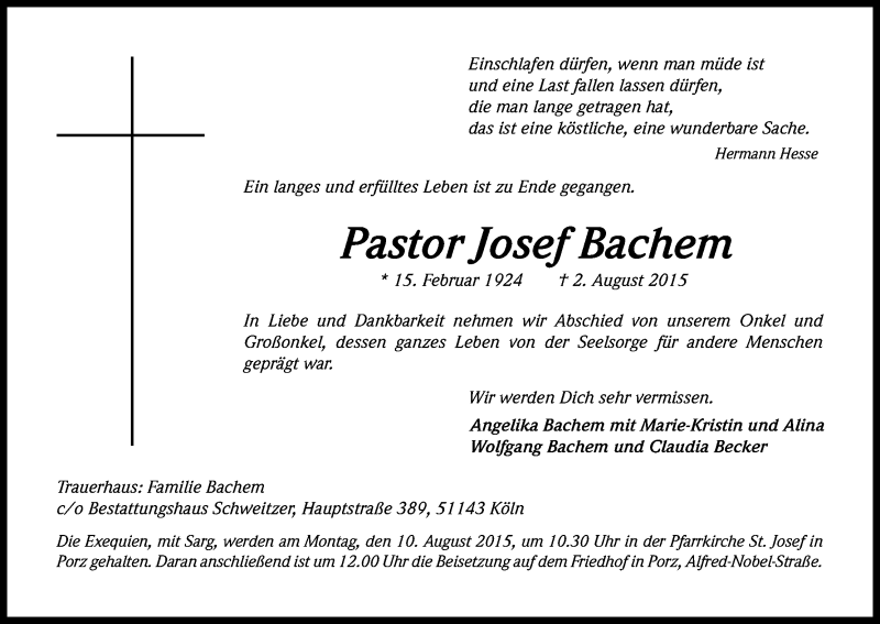  Traueranzeige für Josef Bachem vom 06.08.2015 aus Kölner Stadt-Anzeiger / Kölnische Rundschau / Express