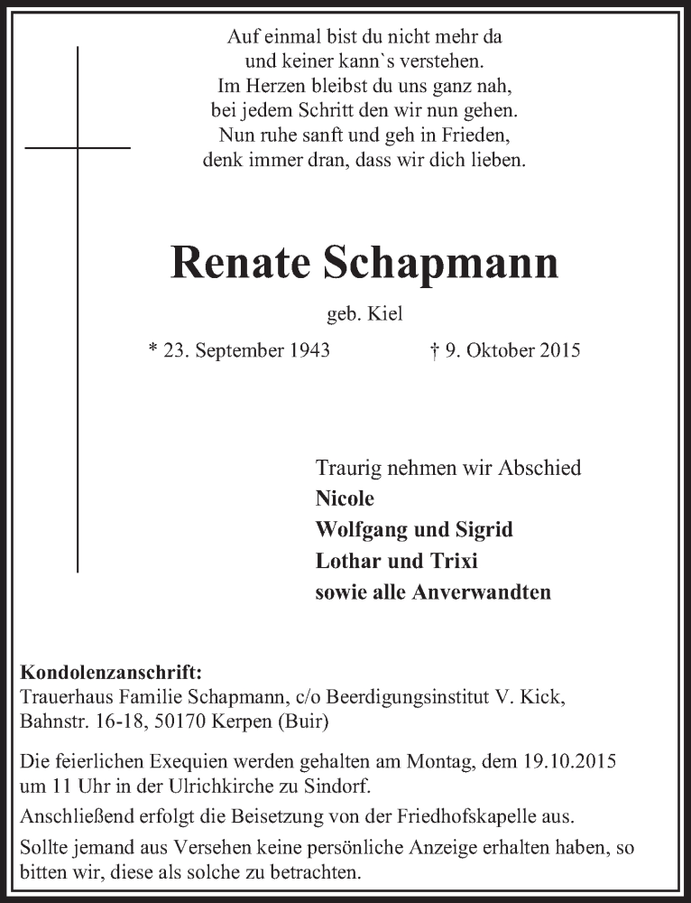  Traueranzeige für Renate Schapmann vom 17.10.2015 aus  Sonntags-Post 