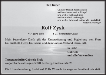 Anzeige von Rolf Zysk von  Sonntags-Post 