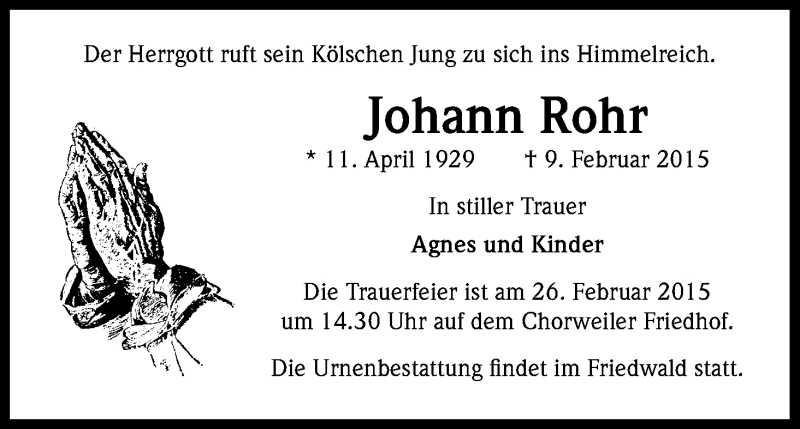  Traueranzeige für Johann Rohr vom 25.02.2015 aus Kölner Stadt-Anzeiger / Kölnische Rundschau / Express