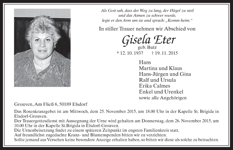  Traueranzeige für Gisela Eter vom 25.11.2015 aus  Werbepost 