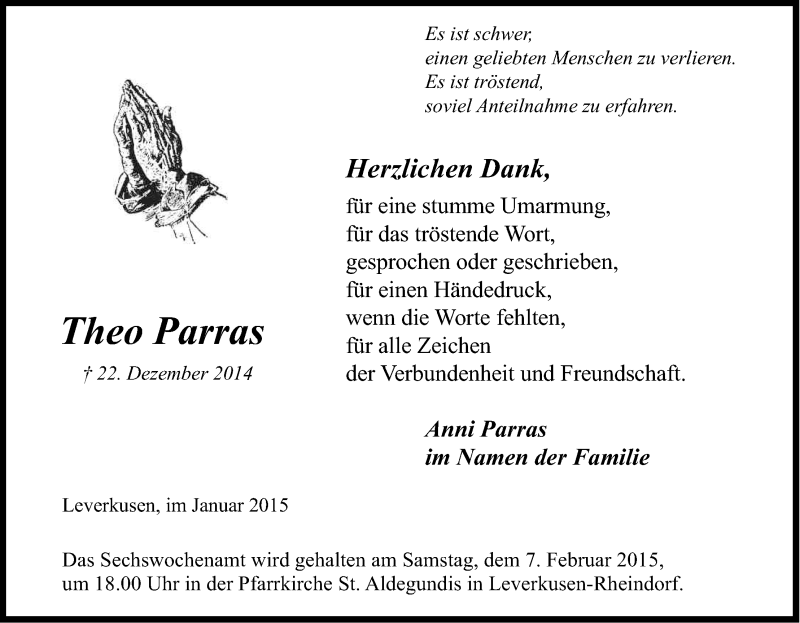  Traueranzeige für Theo Parras vom 31.01.2015 aus Kölner Stadt-Anzeiger / Kölnische Rundschau / Express