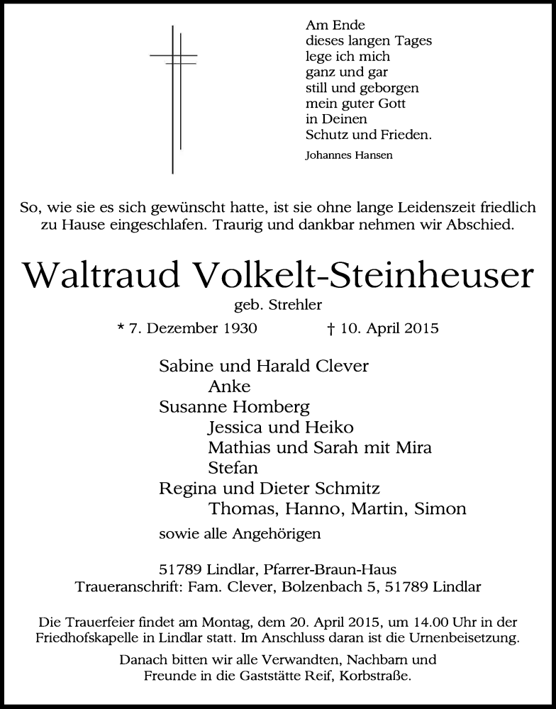  Traueranzeige für Waltraud Volkelt-Steinheuser vom 14.04.2015 aus Kölner Stadt-Anzeiger / Kölnische Rundschau / Express