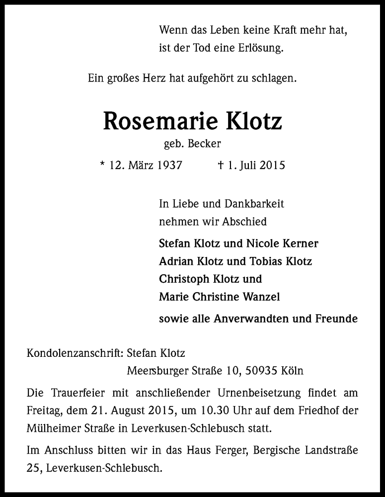  Traueranzeige für Rosemarie Klotz vom 15.08.2015 aus Kölner Stadt-Anzeiger / Kölnische Rundschau / Express