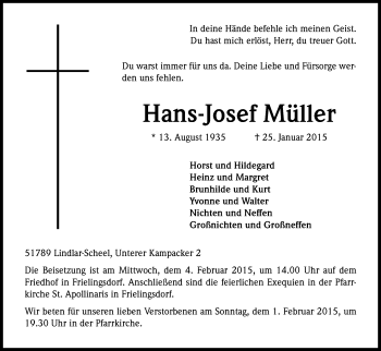 Anzeige von Hans-Josef Müller von Kölner Stadt-Anzeiger / Kölnische Rundschau / Express