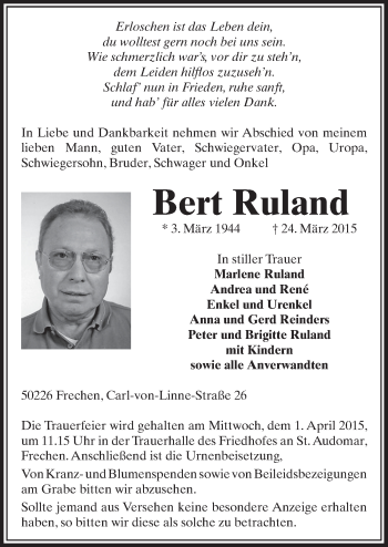 Anzeige von Bert Ruland von  Sonntags-Post 