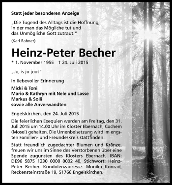Anzeige von Heinz-Peter Becher von Kölner Stadt-Anzeiger / Kölnische Rundschau / Express
