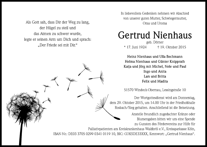  Traueranzeige für Gertrud Nienhaus vom 23.10.2015 aus Kölner Stadt-Anzeiger / Kölnische Rundschau / Express
