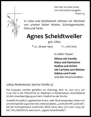 Anzeige von Agnes Scheidtweiler von Kölner Stadt-Anzeiger / Kölnische Rundschau / Express