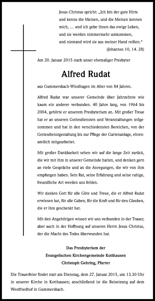  Traueranzeige für Alfred Rudat vom 24.01.2015 aus Kölner Stadt-Anzeiger / Kölnische Rundschau / Express