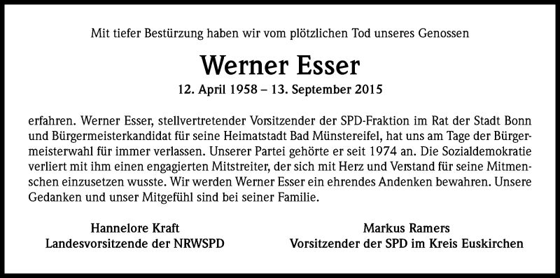  Traueranzeige für Werner Esser vom 19.09.2015 aus Kölner Stadt-Anzeiger / Kölnische Rundschau / Express