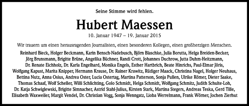 Traueranzeige für Hubert Maessen vom 31.01.2015 aus Kölner Stadt-Anzeiger / Kölnische Rundschau / Express