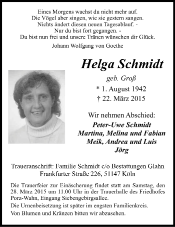 Anzeige von Helga Schmidt von Kölner Stadt-Anzeiger / Kölnische Rundschau / Express