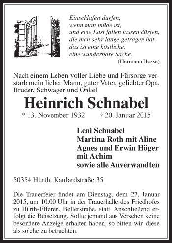 Anzeige von Heinrich Schnabel von  Sonntags-Post 