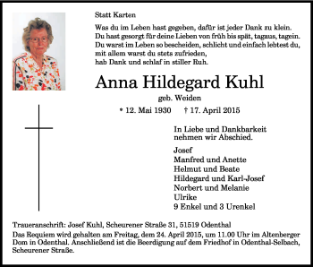 Anzeige von Anna Hildegard Kuhl von Kölner Stadt-Anzeiger / Kölnische Rundschau / Express