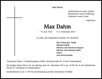 Anzeige von Max Dahm von Kölner Stadt-Anzeiger / Kölnische Rundschau / Express