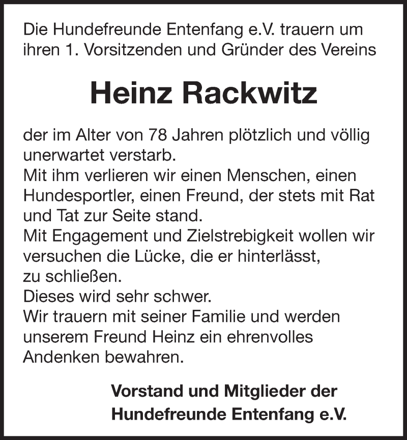  Traueranzeige für Heinz Rackwitz vom 22.07.2015 aus  Schlossbote/Werbekurier 