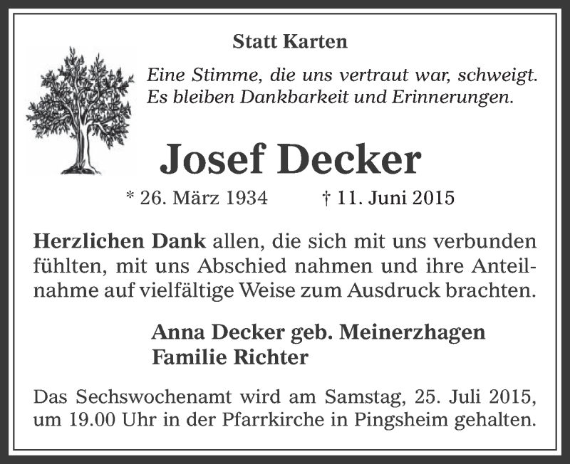  Traueranzeige für Josef Decker vom 15.07.2015 aus  Werbepost 