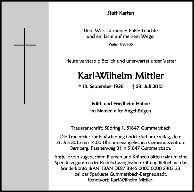  Traueranzeige für Karl-Wilhelm Mittler vom 28.07.2015 aus Kölner Stadt-Anzeiger / Kölnische Rundschau / Express