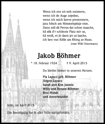Anzeige von Jakob Böhmer von Kölner Stadt-Anzeiger / Kölnische Rundschau / Express