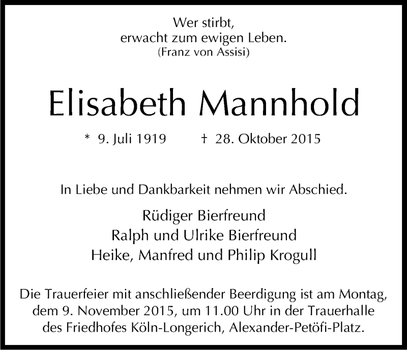  Traueranzeige für Elisabeth Mannhold vom 04.11.2015 aus Kölner Stadt-Anzeiger / Kölnische Rundschau / Express