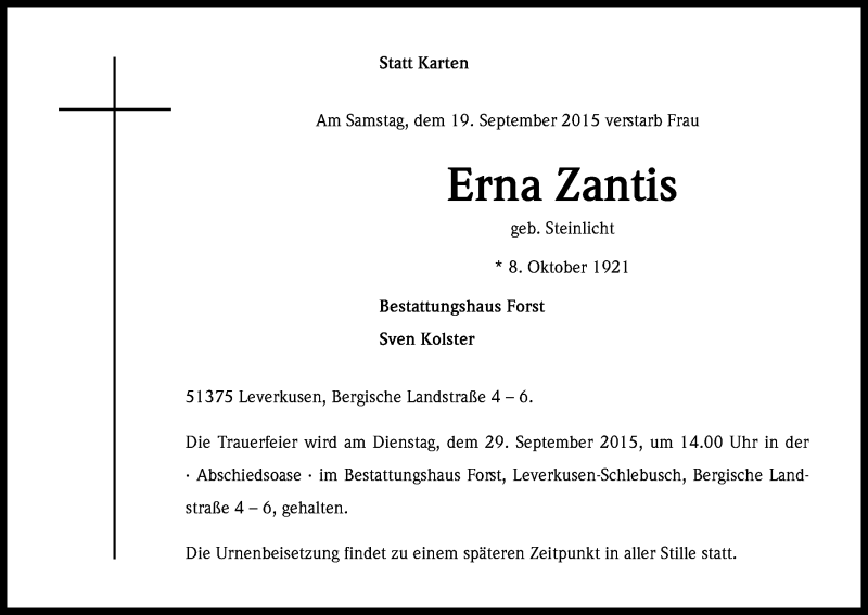  Traueranzeige für Erna Zantis vom 23.09.2015 aus Kölner Stadt-Anzeiger / Kölnische Rundschau / Express