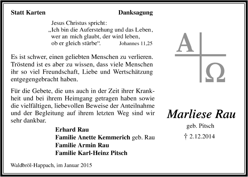  Traueranzeige für Marliese Rau vom 28.01.2015 aus  Lokalanzeiger 