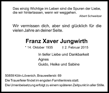 Anzeige von Franz Xaver Jungwirth von Kölner Stadt-Anzeiger / Kölnische Rundschau / Express