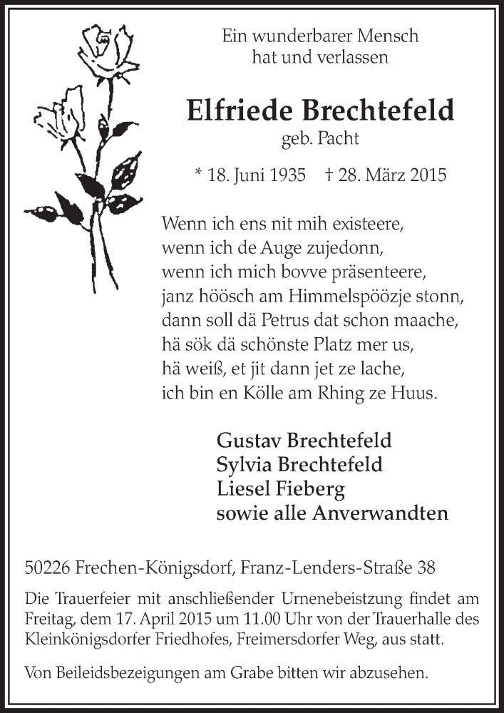  Traueranzeige für Elfriede Brechtefeld vom 11.04.2015 aus  Sonntags-Post 
