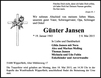 Anzeige von Günter Jansen von Kölner Stadt-Anzeiger / Kölnische Rundschau / Express
