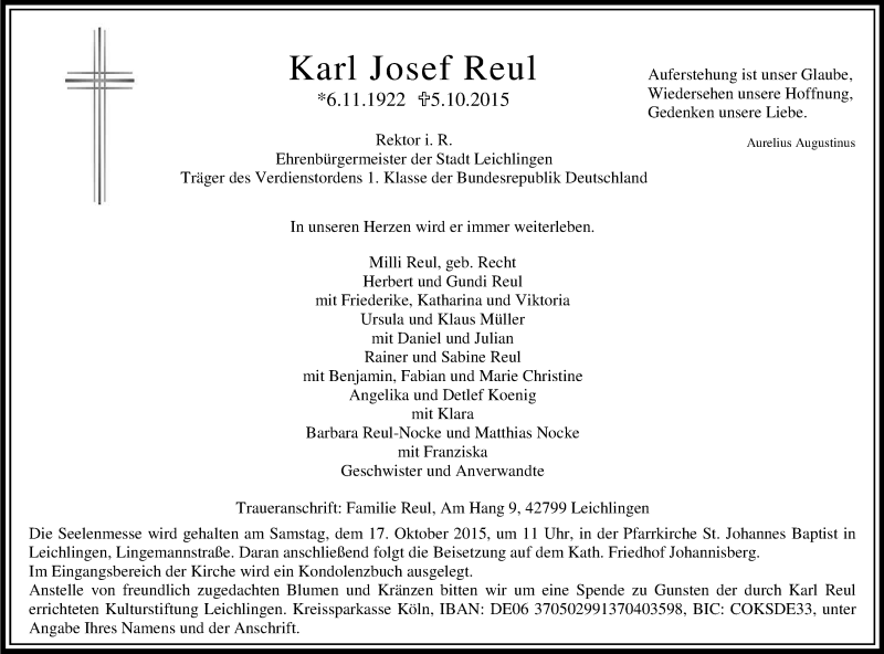 Traueranzeige für Karl Josef Reul vom 10.10.2015 aus Kölner Stadt-Anzeiger / Kölnische Rundschau / Express