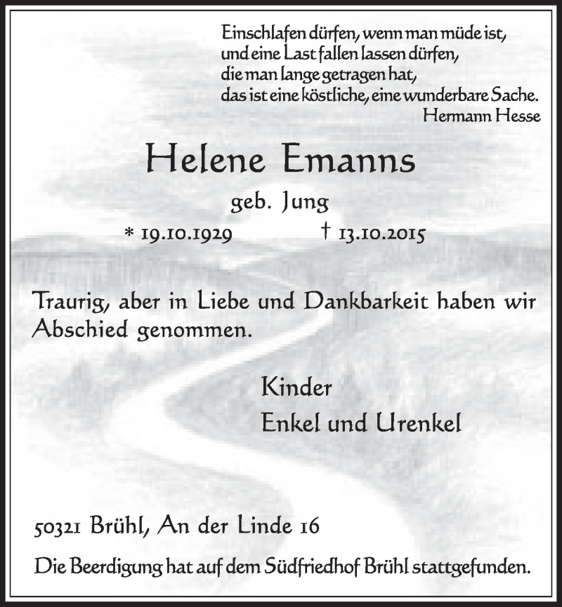  Traueranzeige für Helene Emanns vom 21.10.2015 aus  Schlossbote/Werbekurier 