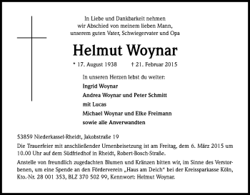 Anzeige von Helmut Woynar von Kölner Stadt-Anzeiger / Kölnische Rundschau / Express