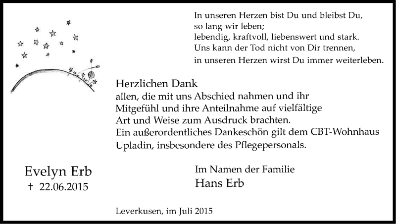  Traueranzeige für Evelyn Erb vom 29.07.2015 aus Kölner Stadt-Anzeiger / Kölnische Rundschau / Express