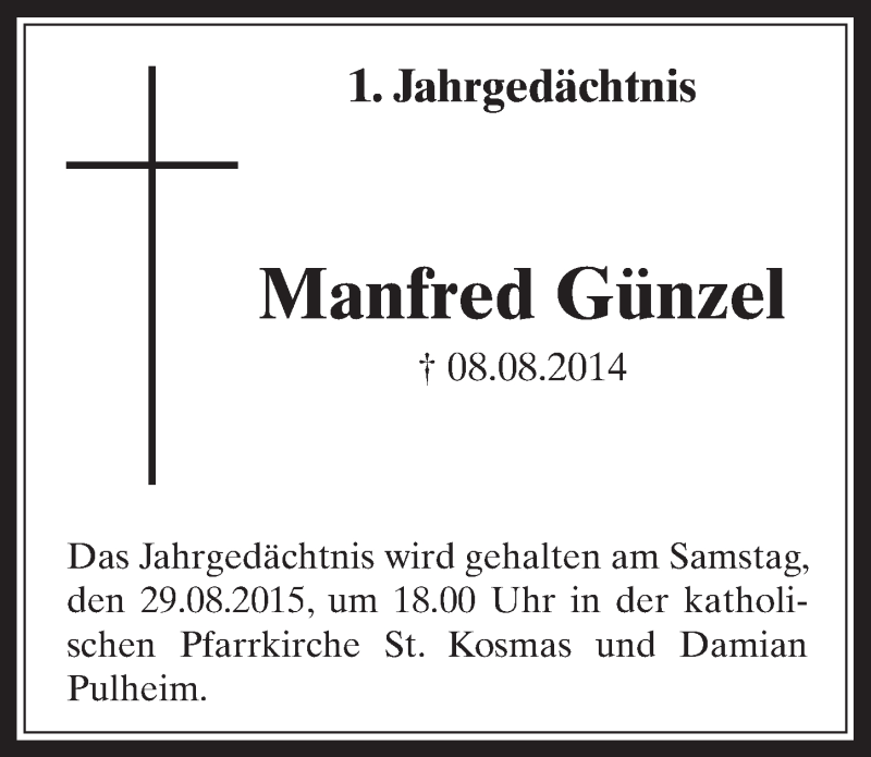  Traueranzeige für Manfred Günzel vom 22.08.2015 aus  Sonntags-Post 