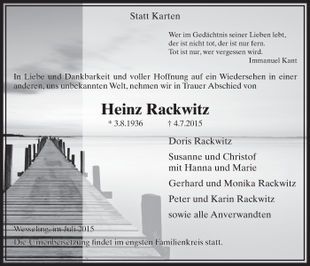 Anzeige von Heinz Rackwitz von  Schlossbote/Werbekurier 