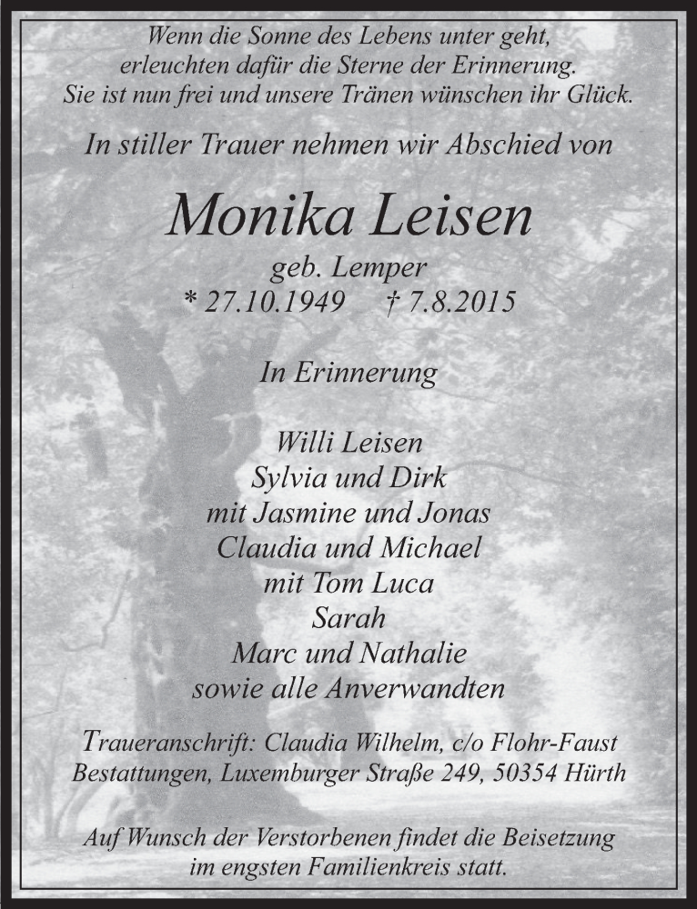  Traueranzeige für Monika Leisen vom 19.08.2015 aus  Wochenende 