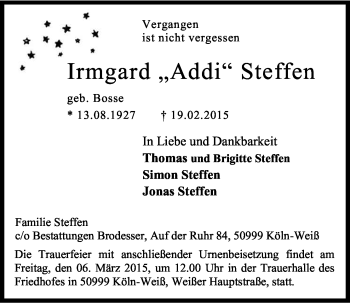 Anzeige von Irmgard Steffen von Kölner Stadt-Anzeiger / Kölnische Rundschau / Express
