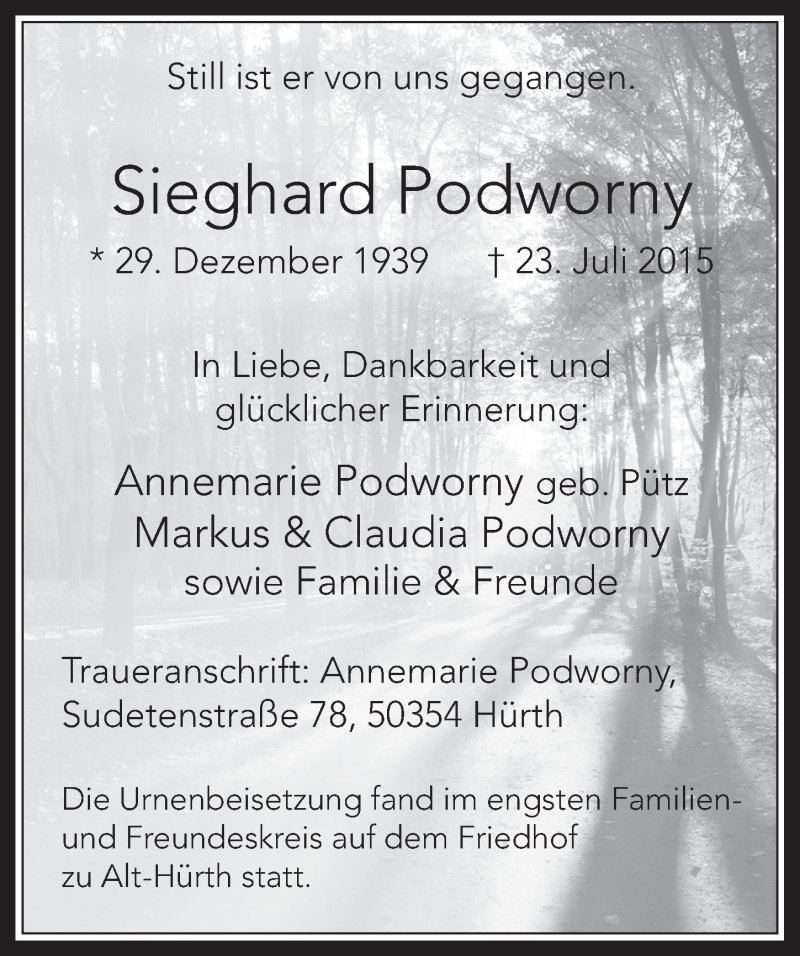  Traueranzeige für Sieghard Podworny vom 05.08.2015 aus  Wochenende 
