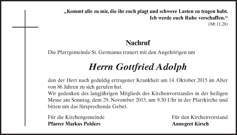  Traueranzeige für Gottfried Adolph vom 25.11.2015 aus  Schlossbote/Werbekurier 