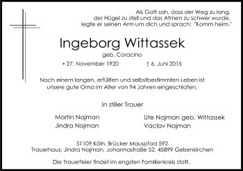 Anzeige von Ingeborg Wittassek von Kölner Stadt-Anzeiger / Kölnische Rundschau / Express